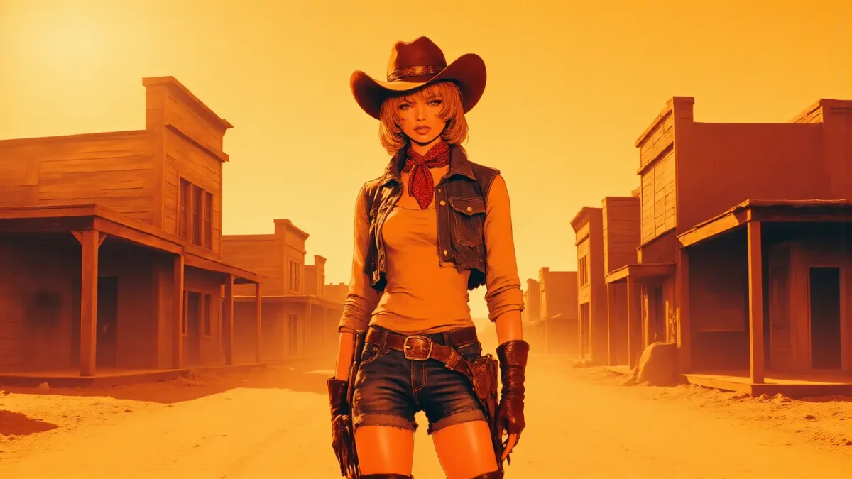 Golden western street adventurer — Golden western street adventurer. Expressive illustration, harmonious colors, a clear focal point and carefully arranged details. Create a new…