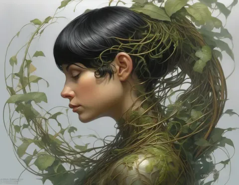 Portrait woven with green vines — Portrait woven with green vines. Expressive illustration, harmonious colors, a clear focal point and carefully arranged details. Create a new…