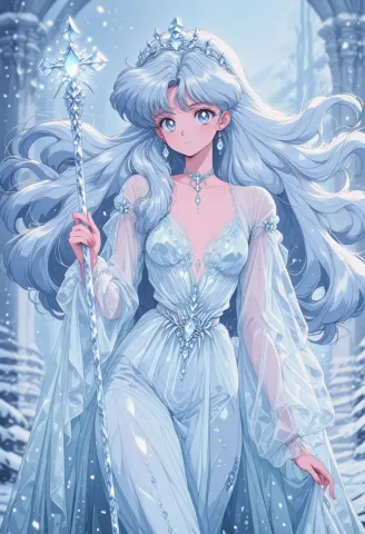 Ice-blue princess — An original anime princess with flowing pale blue hair and crystal accessories, icy forest and delicate pastel details.