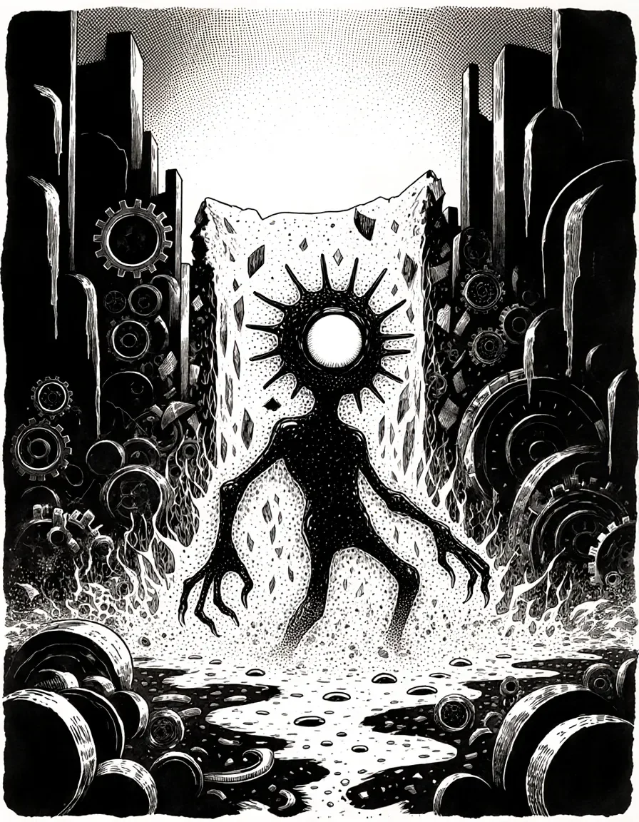Ink portal — A black-and-white ink illustration of an original shadow creature in a mechanical city, a radiant circular portal overhead, intricate hatching and bold contrast.