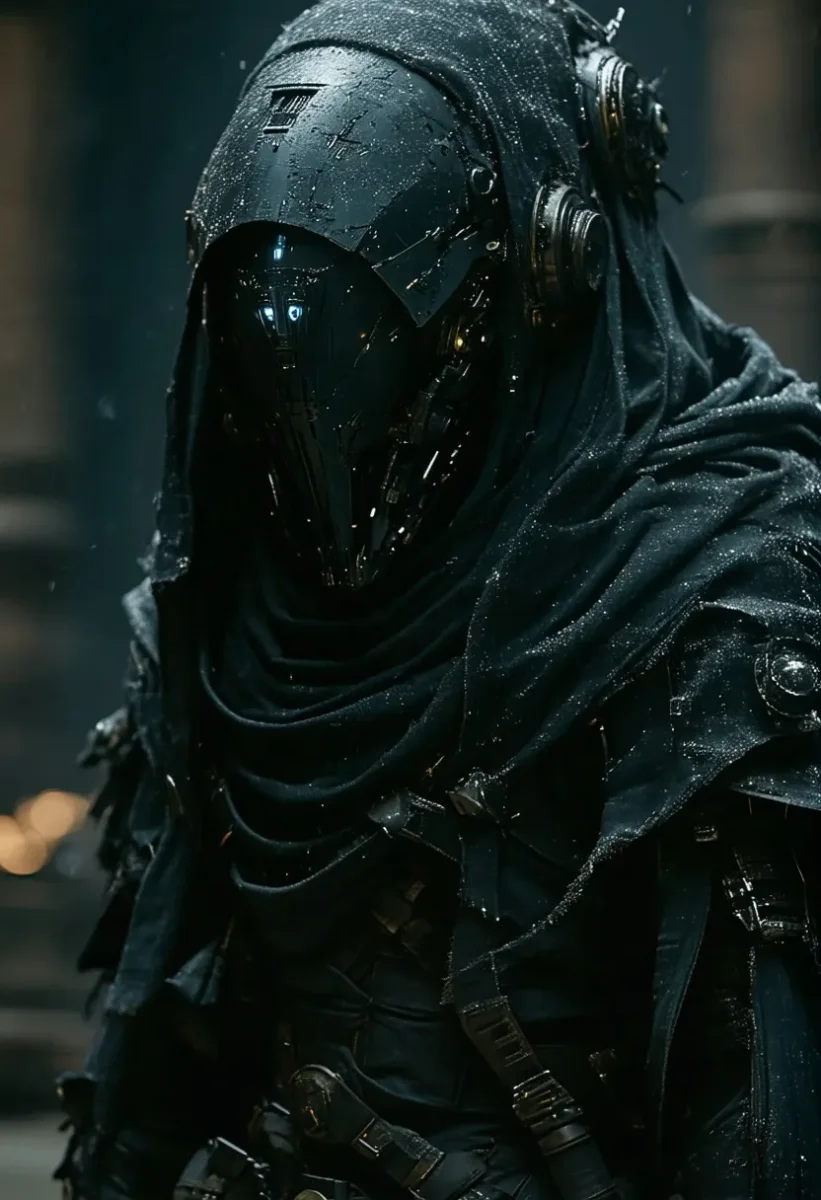 Hooded machine — An original hooded armored machine with tiny blue lights beneath a dark visor, rain-worn metal textures.