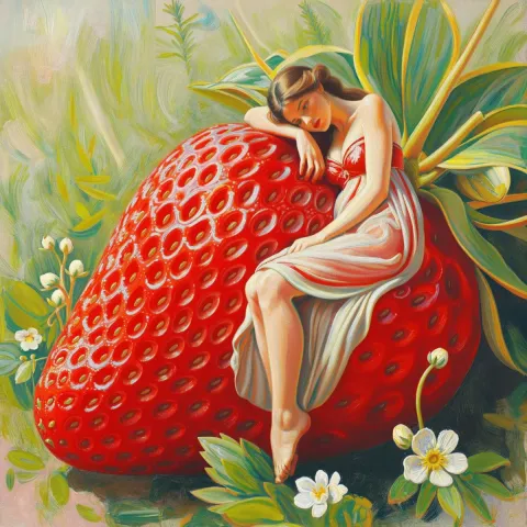 Dreamer on a giant strawberry — Dreamer on a giant strawberry. Expressive illustration, harmonious colors, a clear focal point and carefully arranged details. Create a new…