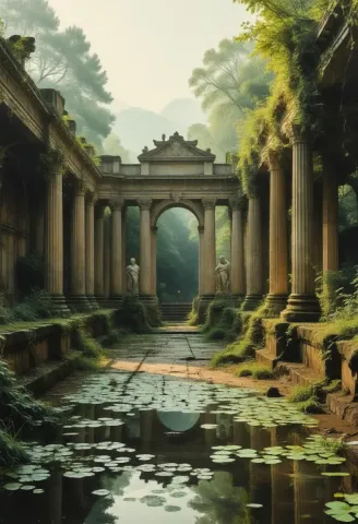 Overgrown courtyard and lily pond — Overgrown courtyard and lily pond. An atmospheric environment with layered depth, coherent lighting and rich environmental detail. Create a…