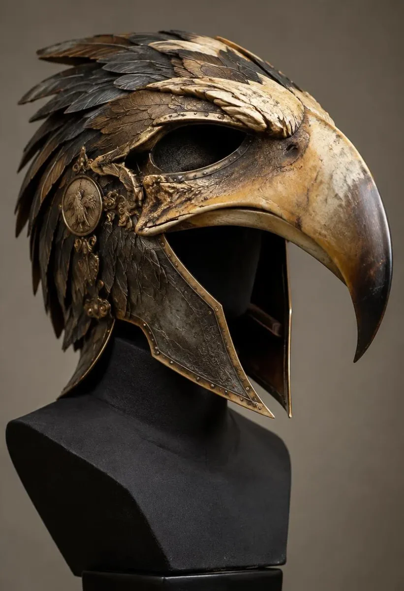 Golden bird helmet — An ornate gold bird-shaped helmet displayed on a black mannequin bust, sculpted feather details and weathered metal, neutral studio background, dramatic…