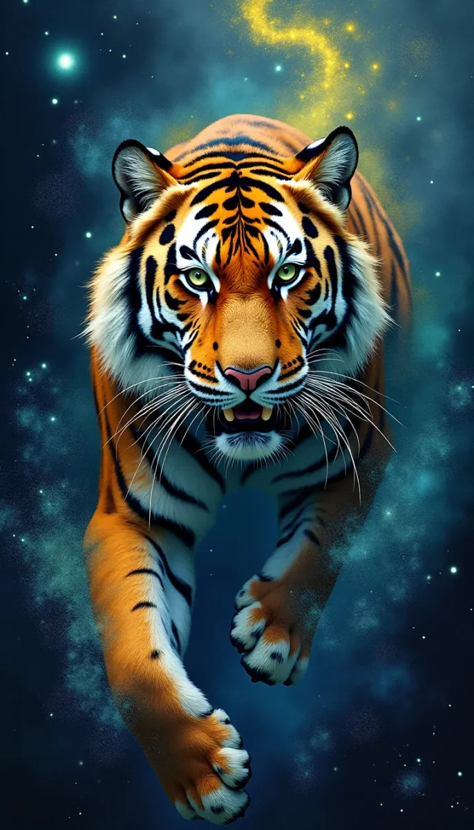 Tiger among the stars — Tiger among the stars. An expressive animal portrait, detailed fur or surface texture, a clear focal point and harmonious surroundings. Create a new…