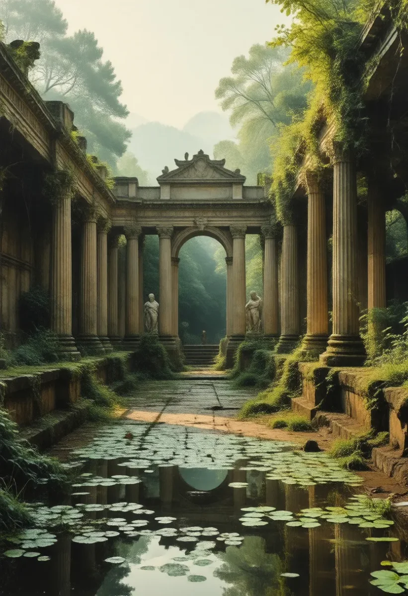 Overgrown courtyard and lily pond — Overgrown courtyard and lily pond. An atmospheric environment with layered depth, coherent lighting and rich environmental detail. Create a…