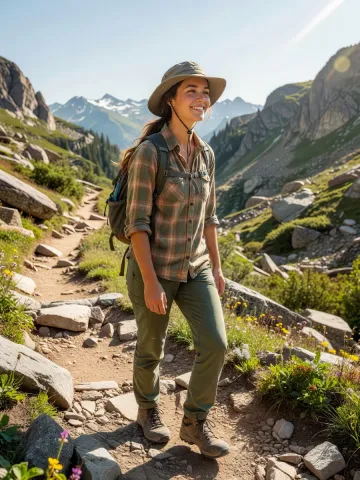 Hiker on a sunny mountain trail — Hiker on a sunny mountain trail. Natural photographic detail, balanced composition, expressive light and clear subject separation. Create a new…