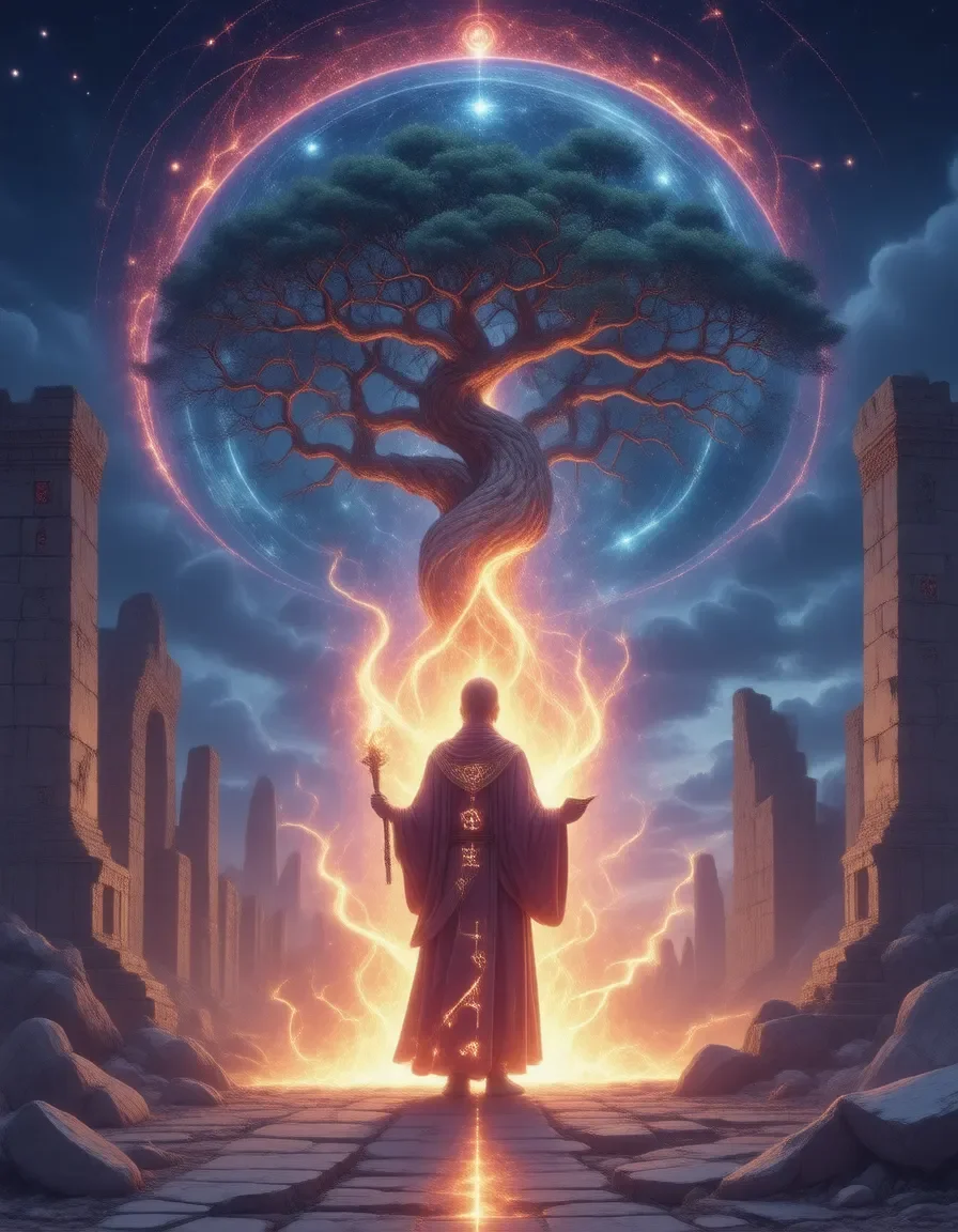 Cosmic tree above an ancient city — Cosmic tree above an ancient city. Expressive illustration, harmonious colors, a clear focal point and carefully arranged details. Create a…