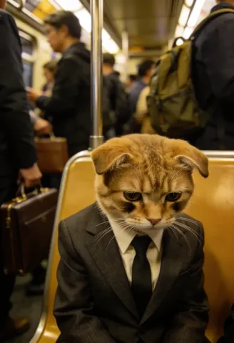 Commuter cat — A solemn tabby cat wearing a suit and tie on a crowded train, warm candid street-photography mood.