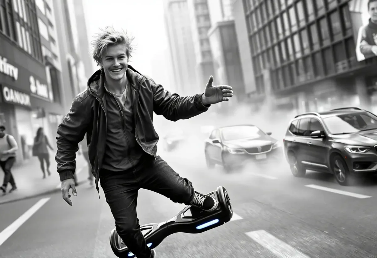 Monochrome hoverboard city scene — Monochrome hoverboard city scene. Natural photographic detail, balanced composition, expressive light and clear subject separation. Create a…