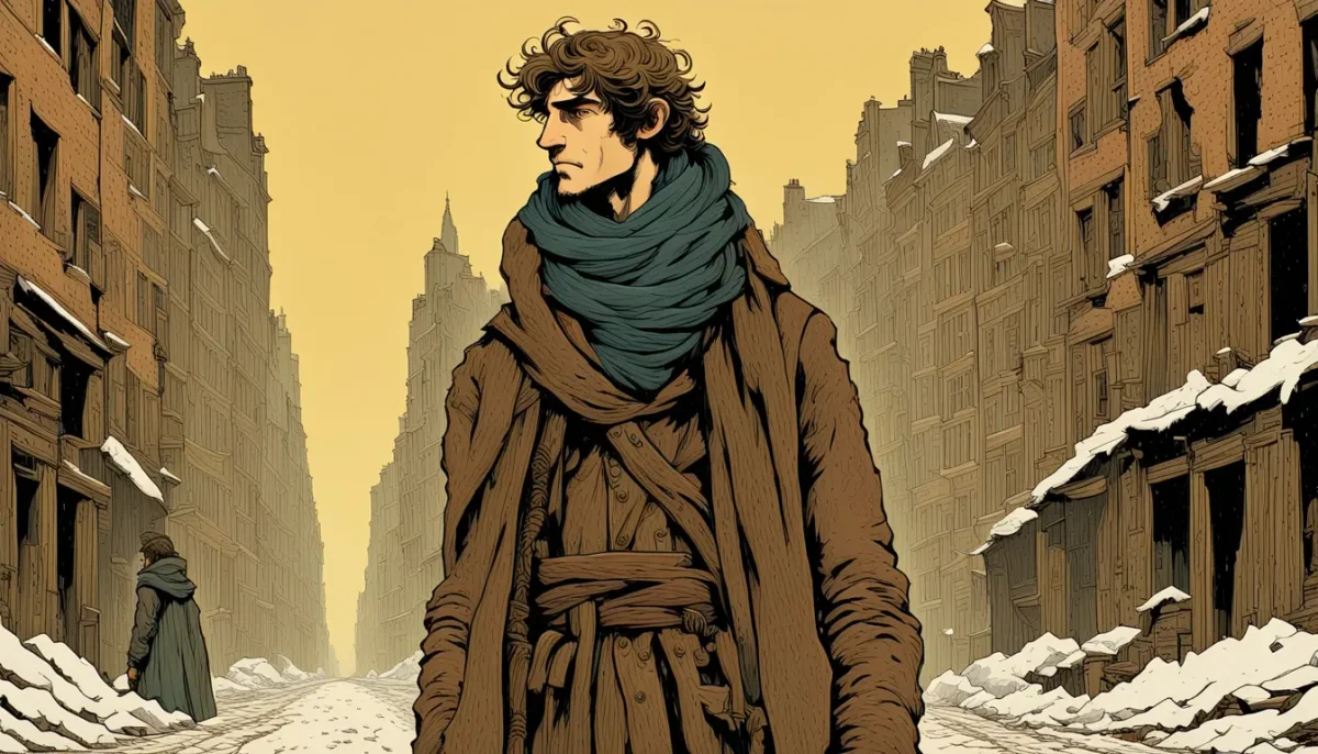 Wanderer in a snowy city — Wanderer in a snowy city. Expressive illustration, harmonious colors, a clear focal point and carefully arranged details. Create a new interpretation…