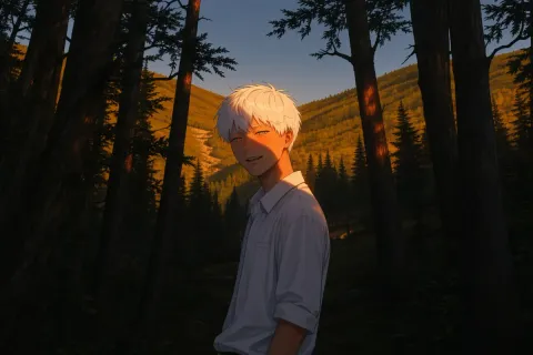 Forest at dusk — An original anime character in a pale shirt standing among tall dark trees, golden mountain light in the distance, gentle evening atmosphere, painterly animation…