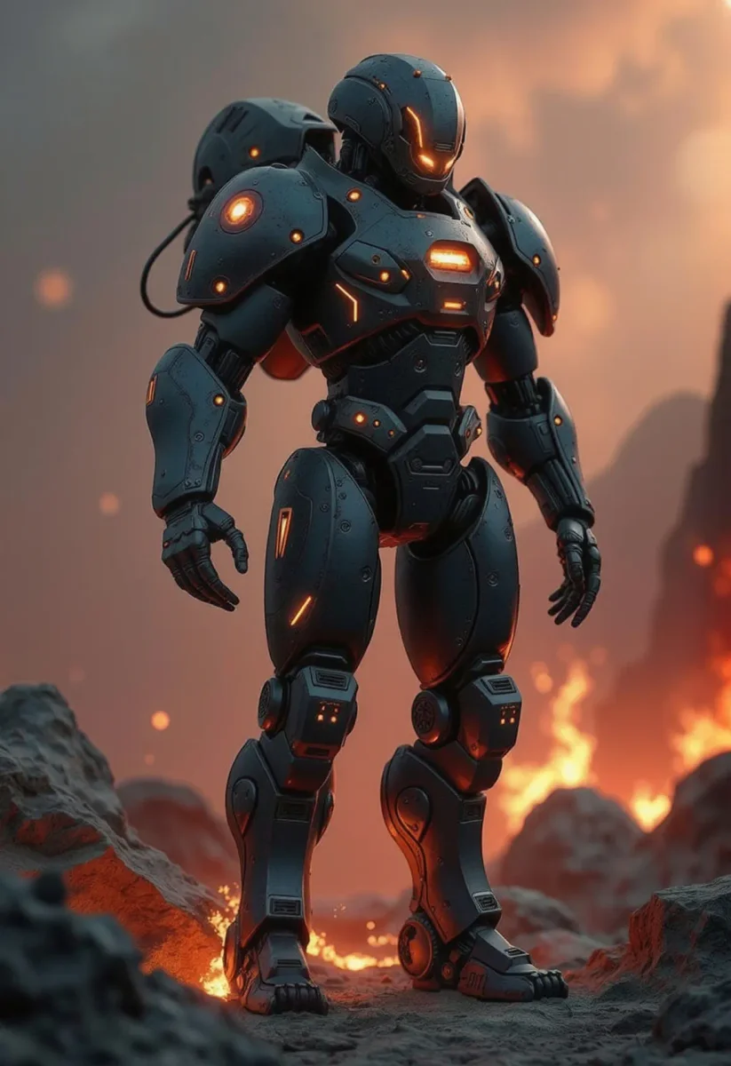 Heavy armor in volcanic light — Heavy armor in volcanic light. An imaginative character study with distinctive materials, expressive posture and cinematic lighting. Create a new…