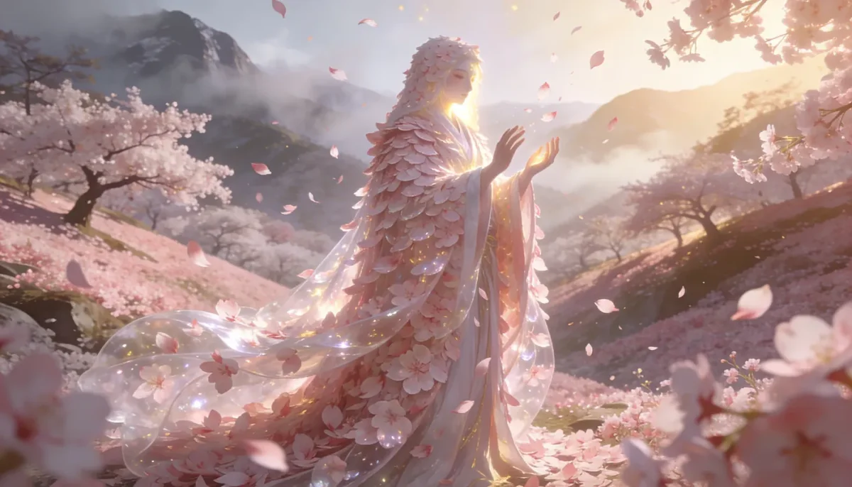 Cherry-blossom valley — A robed traveler in a sunlit valley of blossoming cherry trees, floating petals and soft pastel mountains.