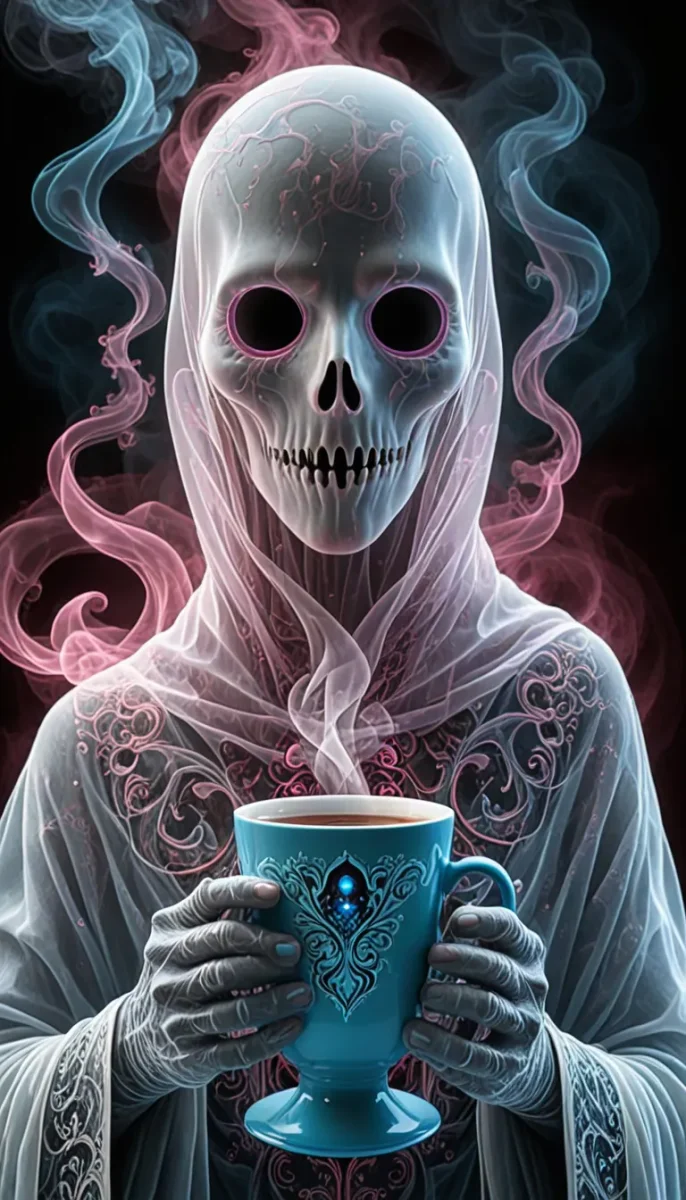 Friendly ghost with a blue cup — Friendly ghost with a blue cup. Expressive illustration, harmonious colors, a clear focal point and carefully arranged details. Create a new…