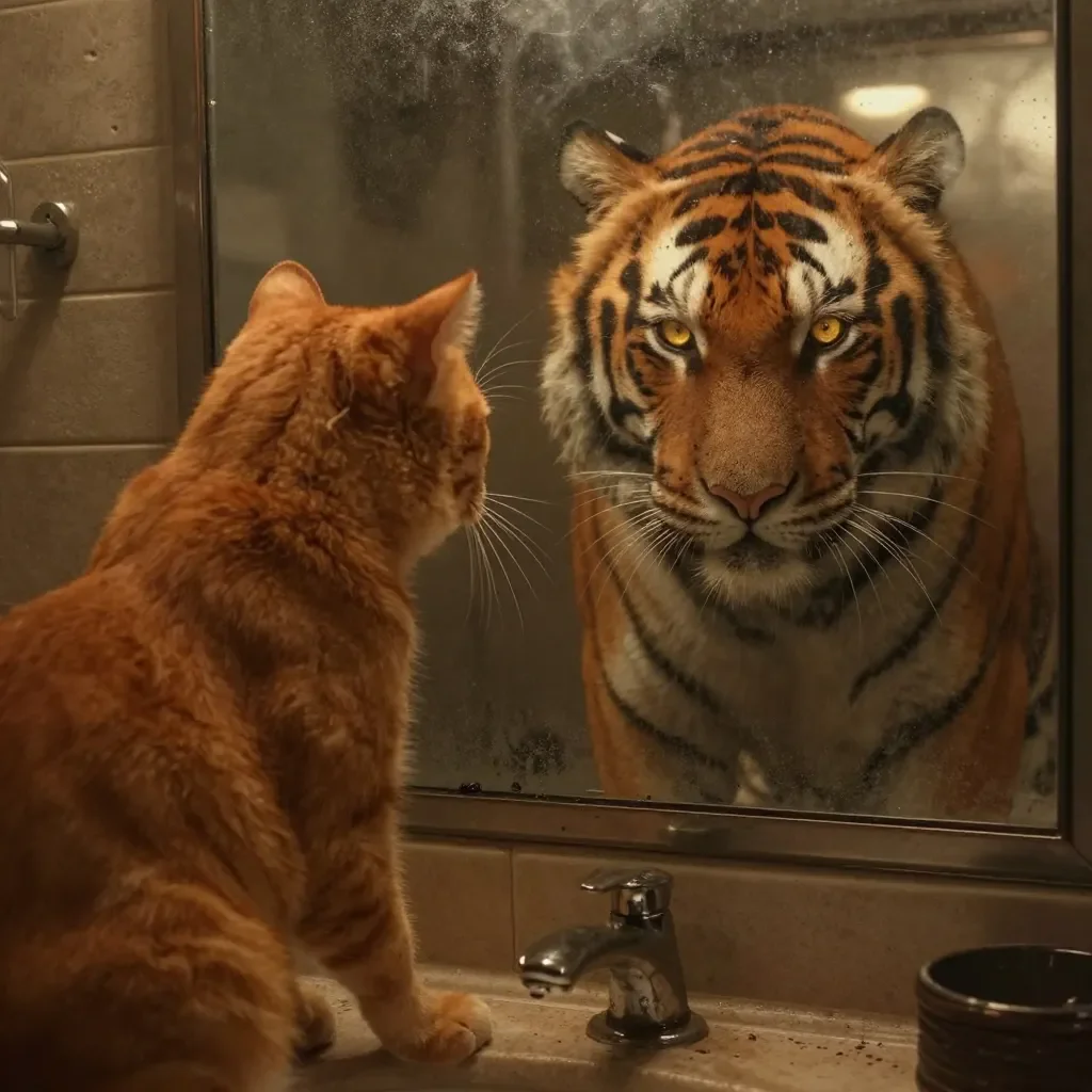 Tiger in the mirror — An orange cat looking into an antique bathroom mirror with a tiger reflected back, warm muted light, detailed fur, cinematic surreal photography.