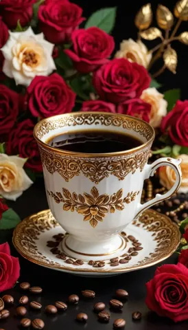 Ornate coffee cup with roses — Ornate coffee cup with roses. A carefully composed still life with clear material textures, controlled lighting and a clean focal point. Create a…