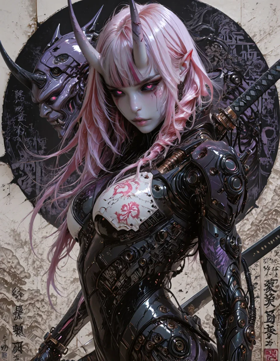 Armored horned warrior — An original silver-pink-haired horned warrior in intricate dark armor, textured stone background and fine fantasy detail.