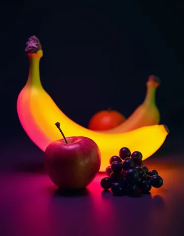 Neon fruit still life — Neon fruit still life. A carefully composed still life with clear material textures, controlled lighting and a clean focal point. Create a new…