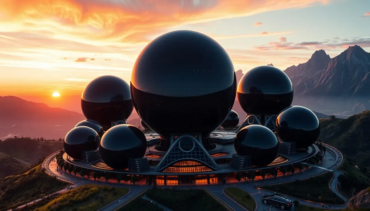 Black spherical futuristic settlement — Black spherical futuristic settlement. An atmospheric environment with layered depth, coherent lighting and rich environmental detail.…