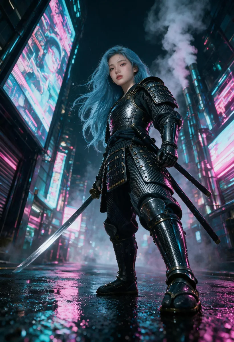 Silver haired neon city knight — Silver haired neon city knight. An imaginative character study with distinctive materials, expressive posture and cinematic lighting. Create a…