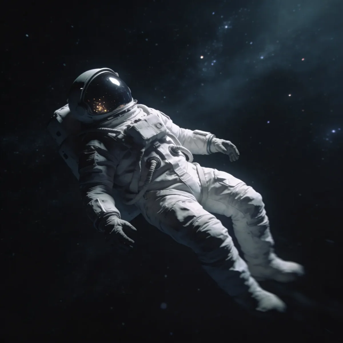 Drifting astronaut — A lone astronaut floating in a dark star field, silver suit illuminated by a narrow cool light.