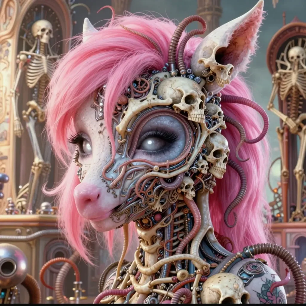 Pink mechanical creature sculpture — Pink mechanical creature sculpture. Expressive illustration, harmonious colors, a clear focal point and carefully arranged details. Create a…