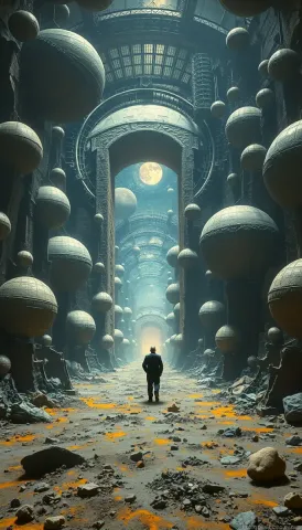 Traveler in a giant domed cavern — Traveler in a giant domed cavern. An atmospheric environment with layered depth, coherent lighting and rich environmental detail. Create a new…