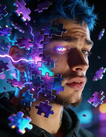 Face made of electric puzzle pieces — Face made of electric puzzle pieces. Expressive illustration, harmonious colors, a clear focal point and carefully arranged details. Create…