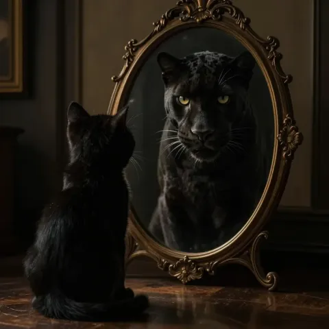 Cat and mirror — A black cat facing an ornate golden mirror with a large feline reflection, warm antique interior, intricate frame details, surreal photographic composition.