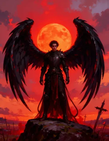 Crimson moon wings — An original dark-winged fantasy figure on a rocky peak beneath a large red moon, bold crimson sky.