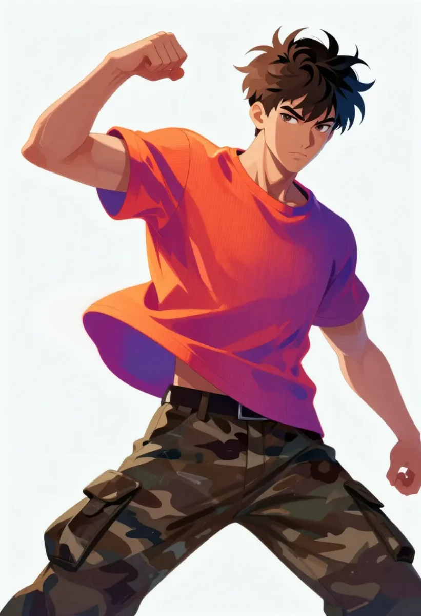 Orange-shirt character — An original animated young man in an orange shirt and camouflage trousers, energetic pose on a clean white background.