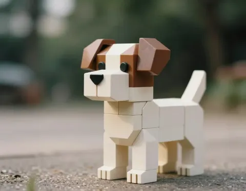 Wooden block puppy — A small puppy built from simple wooden cubes on a tabletop, soft garden bokeh, playful toy product photography.