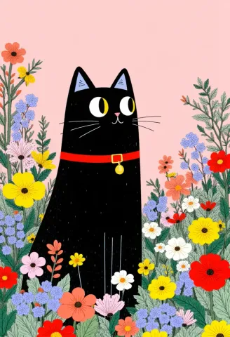 Garden black cat — A simple black cat with bright yellow eyes surrounded by colorful wildflowers on a pink background, cheerful flat illustration.