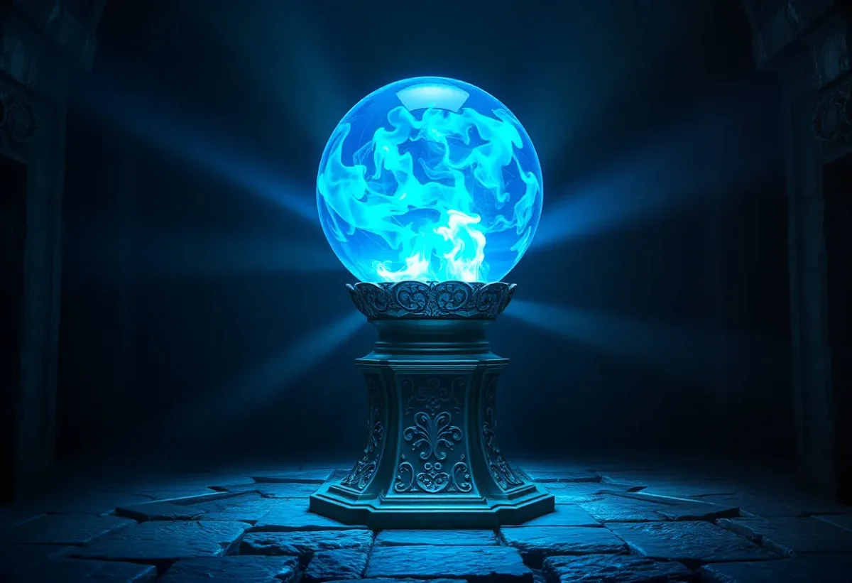 Glowing blue orb on a pedestal — Glowing blue orb on a pedestal. A carefully composed still life with clear material textures, controlled lighting and a clean focal point. Create…