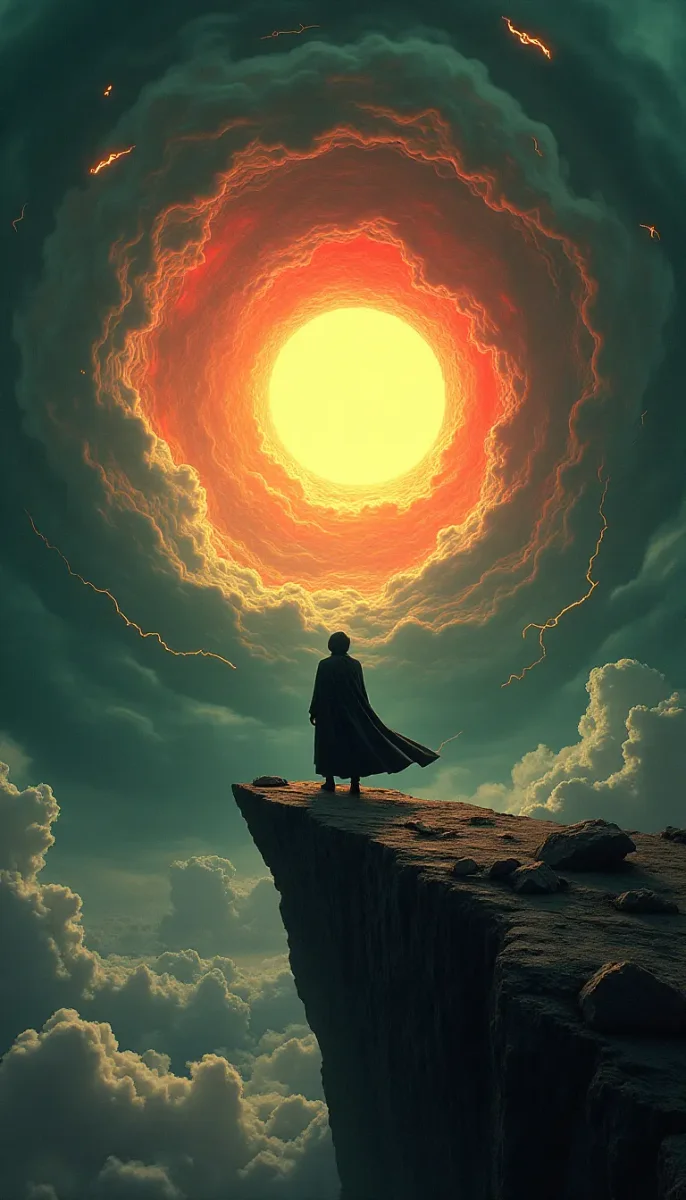 Traveler facing a giant golden sun — Traveler facing a giant golden sun. Expressive illustration, harmonious colors, a clear focal point and carefully arranged details. Create a…