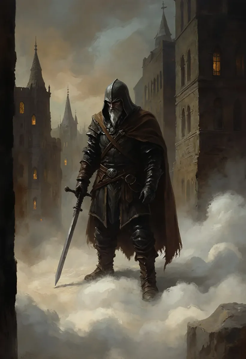 Armored traveler in a foggy city — Armored traveler in a foggy city. An imaginative character study with distinctive materials, expressive posture and cinematic lighting. Create…
