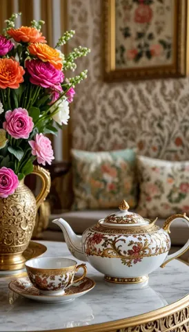 Ornate tea service with flowers — Ornate tea service with flowers. A carefully composed still life with clear material textures, controlled lighting and a clean focal point.…