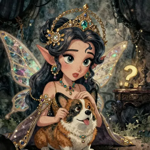 Jeweled fairy and a small dog — Jeweled fairy and a small dog. Expressive illustration, harmonious colors, a clear focal point and carefully arranged details. Create a new…