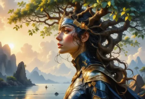 Dragon crown by a mountain lake — Dragon crown by a mountain lake. Expressive illustration, harmonious colors, a clear focal point and carefully arranged details. Create a new…