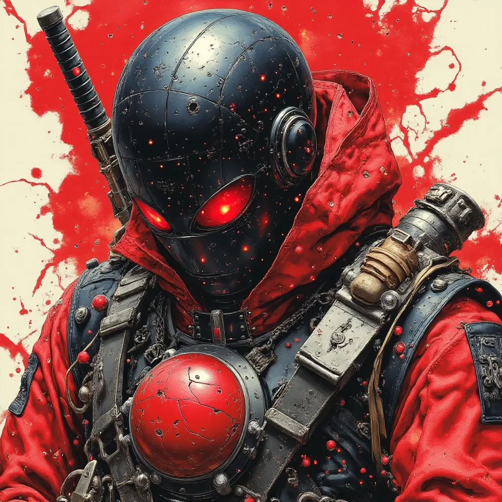 Red and black mechanical warrior — Red and black mechanical warrior. An imaginative character study with distinctive materials, expressive posture and cinematic lighting. Create…