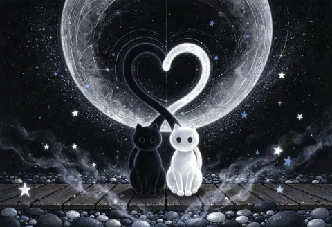 Moonlit companions — A black cat and white rabbit beneath a giant luminous moon, swirling night sky and tiny sparkling flowers.