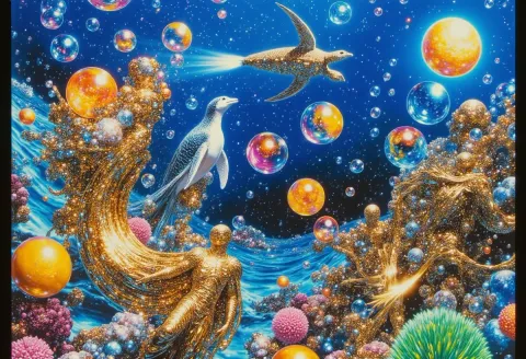 Golden coral cosmic ocean — Golden coral cosmic ocean. Expressive illustration, harmonious colors, a clear focal point and carefully arranged details. Create a new…