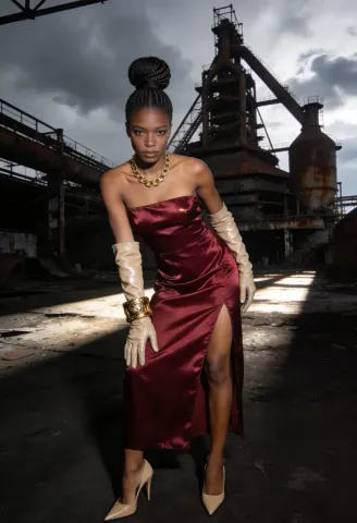 Burgundy fashion in an industrial yard — Burgundy fashion in an industrial yard. Natural photographic detail, balanced composition, expressive light and clear subject separation.…