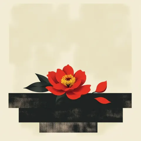 Minimal red blossom — A single red flower resting over stacked charcoal geometric shapes, cream textured paper and restrained composition.