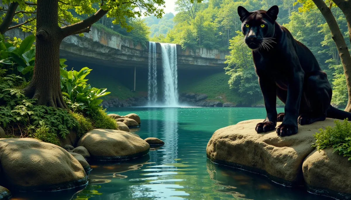 Black panther beside a jungle waterfall — Black panther beside a jungle waterfall. An expressive animal portrait, detailed fur or surface texture, a clear focal point and…