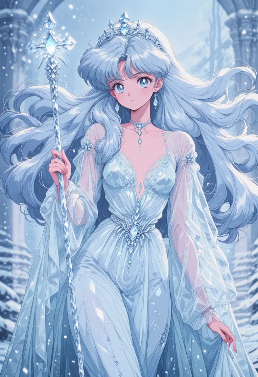 Ice-blue princess — An original anime princess with flowing pale blue hair and crystal accessories, icy forest and delicate pastel details.