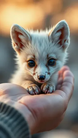 Tiny fox cub in a hand — Tiny fox cub in a hand. An expressive animal portrait, detailed fur or surface texture, a clear focal point and harmonious surroundings. Create a new…