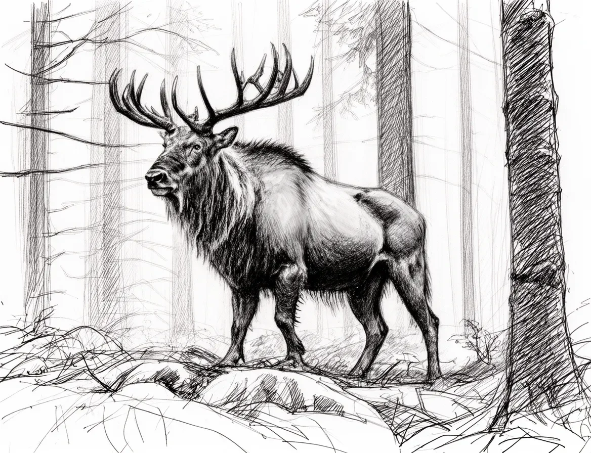 Elk in a winter forest sketch — Elk in a winter forest sketch. Expressive illustration, harmonious colors, a clear focal point and carefully arranged details. Create a new…