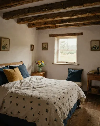 Rustic bedroom with wooden beams — Rustic bedroom with wooden beams. Natural photographic detail, balanced composition, expressive light and clear subject separation. Create a…